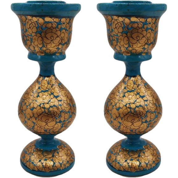India Meets India Papier Mache Candlesticks Holder Set of 2 Candle Holder Handicraft by Awarded Indian Artisans (Gold & Sky Blue)
