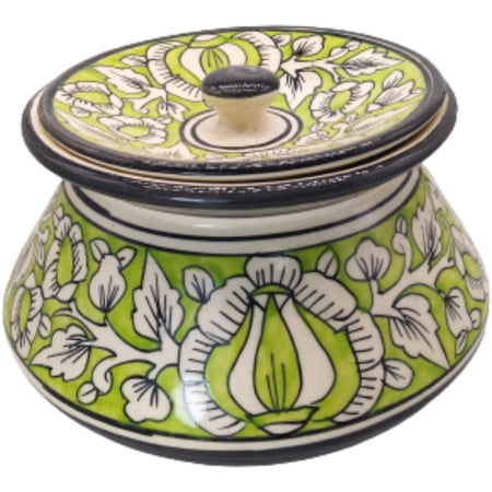 India Meets India Serving Handi With Lid Rice Pulao Biryani Vegetables Handicraft By Awarded Indian Artisans (Green, H-3.5 x D-4 Inch)