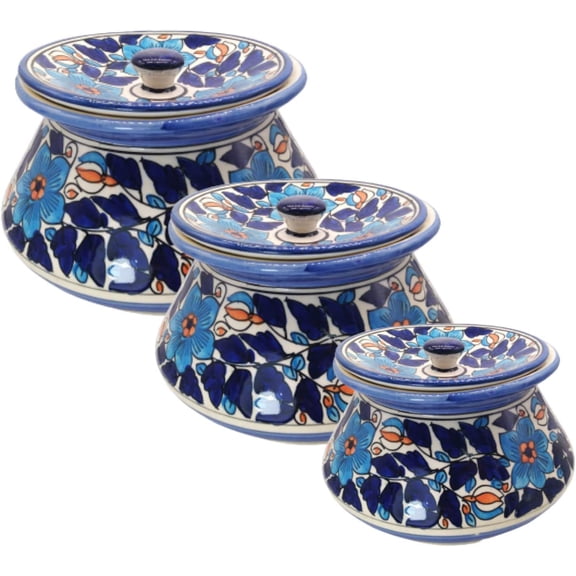India Meets India Serving Handi With Lid Rice Pulao Biryani Vegetables Handicraft By Awarded Indian Artisans (Sky Blue, Set of 3)