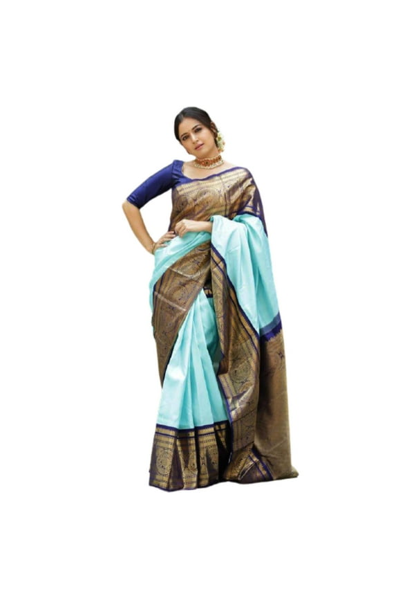 Soft Silk Kanjivaram Saree with Beautiful Broad Border and zari Weaving and Pallu (Blue)
