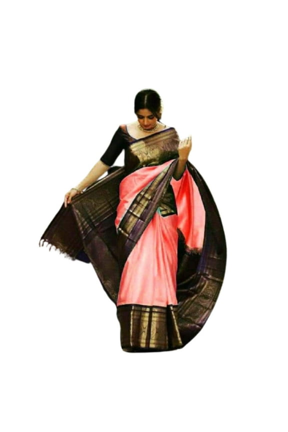 Soft Silk Kanjivaram Saree with Beautiful Broad Border and zari Weaving and Pallu (Peach)