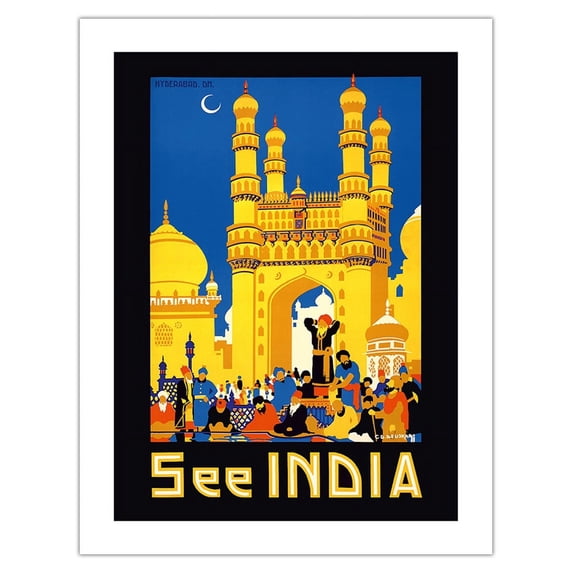 India - Mosque of Four Minarets - Charminar Monument Hyderabad - Vintage Travel Poster by Gopal Damodar Deuskar c.1930 - Bamboo Fine Art 290gsm Paper (Unframed) 17x22in