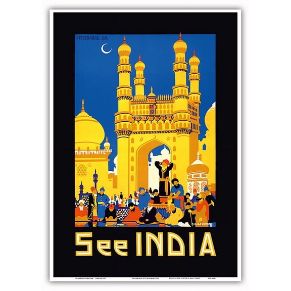 India - Mosque of Four Minarets - Charminar Monument Hyderabad - Vintage Travel Poster by Gopal Damodar Deuskar c.1930 - Master Art Print 10in x 14in