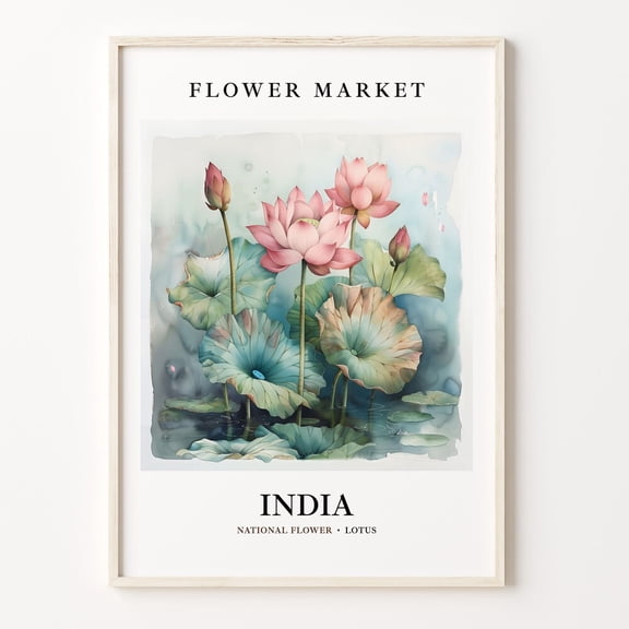 India National Flower Art Print Lotus Wall Art 1960'S Botanical Market Neutral Pastel Artwork Home Decor
