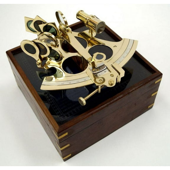 India Overseas Trading BR4849G Brass Sextant W/ Wood &Amp; Etched Glass Box