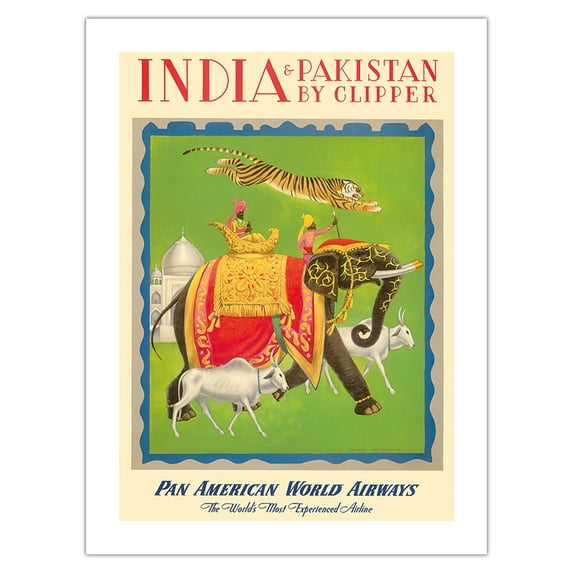 India and Pakistan by Clipper - Pan American World Airways - Vintage Airline Travel Poster by Charles Baskerville c.1949 - Bamboo Fine Art 290gsm Paper Print (Unframed) 18x24in