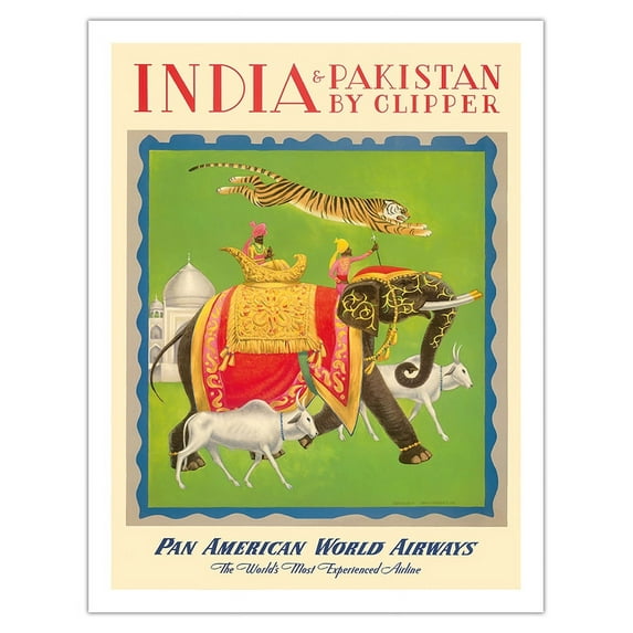 India and Pakistan by Clipper - Pan American World Airways - Vintage Airline Travel Poster by Charles Baskerville c.1949 - Fine Art Matte Paper Print (Unframed) 20x26in
