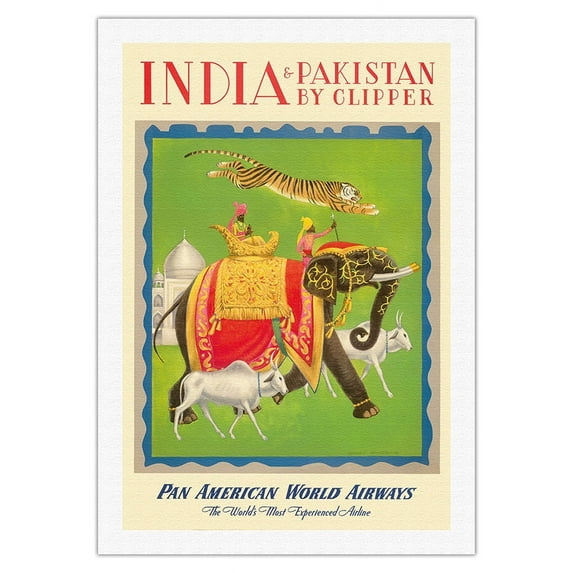 India and Pakistan by Clipper - Pan American World Airways - Vintage Airline Travel Poster by Charles Baskerville c.1949 - Fine Art Rolled Canvas Print 27in x 40in
