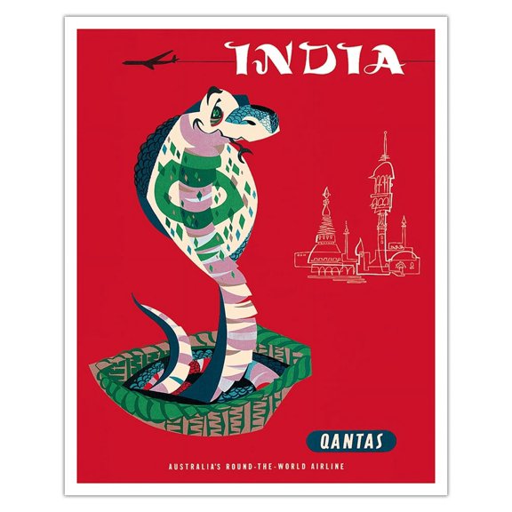 India - Qantas Airways - Indian Cobra (Naja Naja) - Vintage Airline Travel Poster by Harry Rogers c.1960s - Fine Art Matte Paper Print (Unframed) 16x20in
