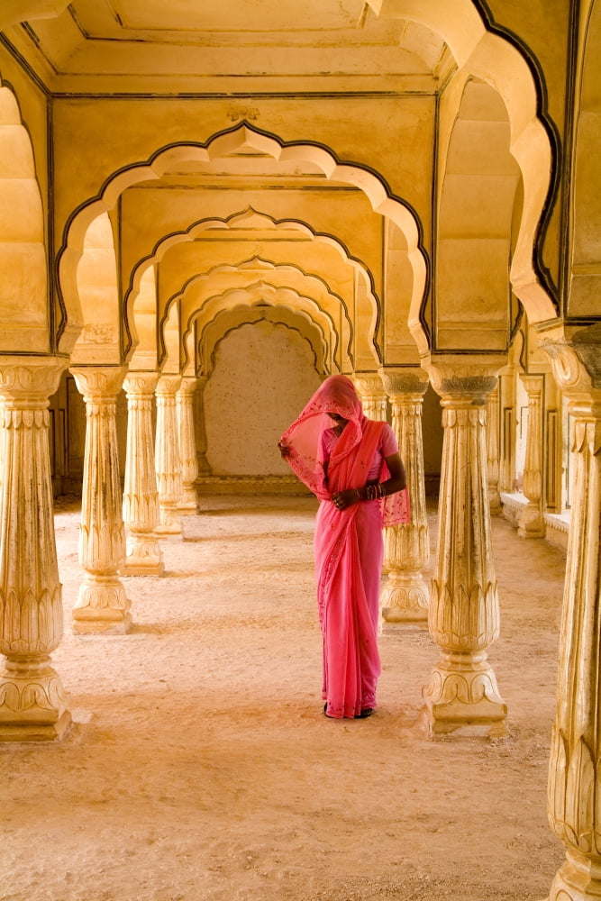 India Rajasthan Jaipur Amber Fort Temple Woman In Bright Pink Sari Stands Beneath Arches Canvas Art - Bill Bachmann Design Pics (12 x 18)
