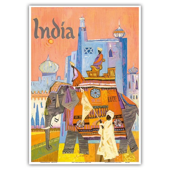 India - Regal Elephant with a Brightly Colored Howdah (Carriage) - Vintage Travel Poster by S. Hall c.1960s - Master Art Print 10in x 14in