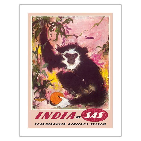 India - by SAS Scandinavian Airlines System - Black Monkey - Vintage Airline Travel Poster by Otto Nielsen c.1958 - Bamboo Fine Art 290gsm Paper (Unframed) 17x22in