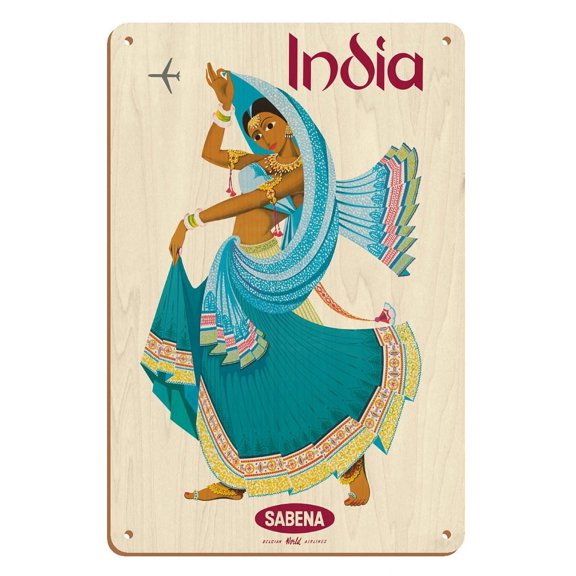 India - Sabena Belgian World Airlines - Native Indian Dancer - Vintage Airline Travel Poster c.1969 - 8 x 12 inch Vintage Wood Art Sign