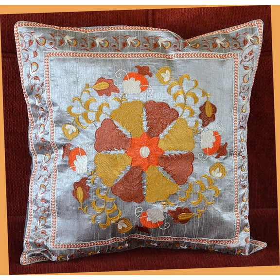 India Silk Embroidery Hand Made Gray Pillow Cover From Craft Options!