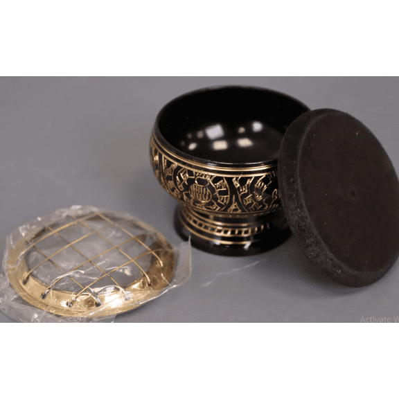 India Small Decorated Brass Charcoal Screen Incense Burner with Wooden Coaster