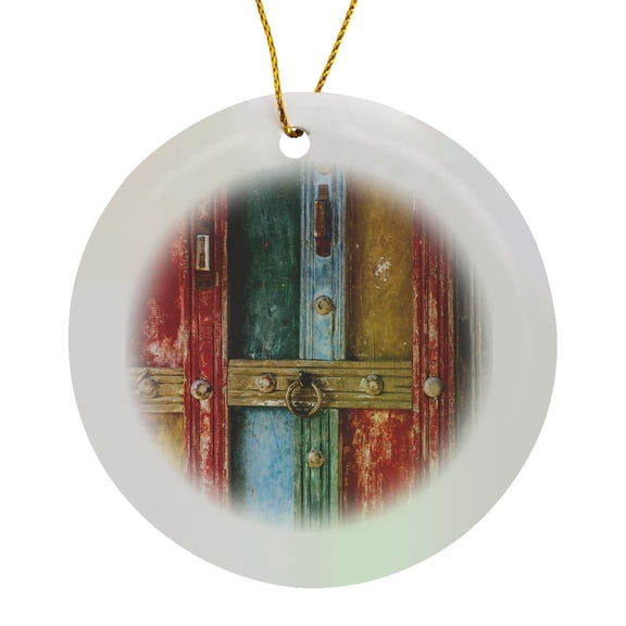 3drose, India, State of Gujarat, Bhuj, Meghwal. Painted Door Abstract., Circle Porcelain Ornament
