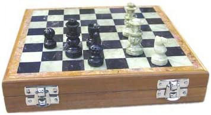 Handmade Indian Soapstone Chess Set - 8x8 Inch Board With Wooden Base & Stone Inlay, Unique Gift, Includes Storage