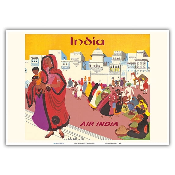 India - Street Market - Air India Menu Cover - Vintage Airline Travel Poster by N. V. Leyoleu c.1950s - Master Art Print 10in x 14in