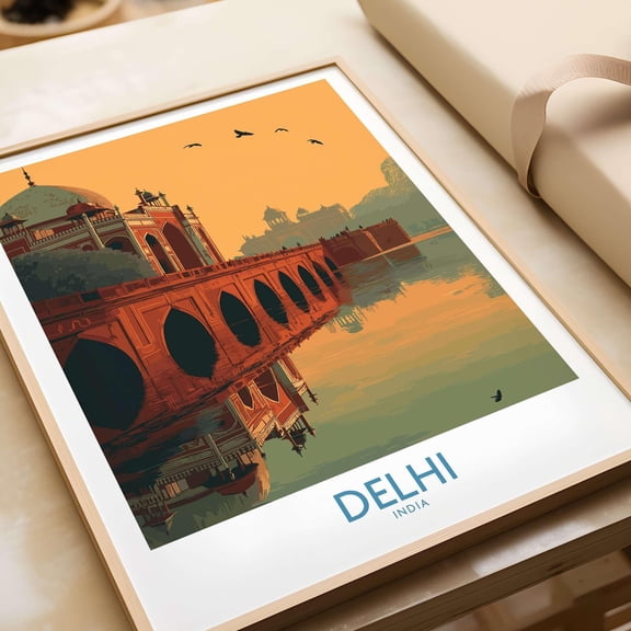 India Sunset Travel Poster Delhi Humayuns Tomb Bridge View Print Mughal Wall Art India Gif