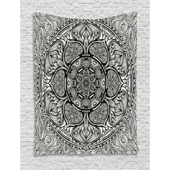 India Tapestry, Mandala Inspired Ethnic Artwork Hand Drawn Indian Paisley Pattern Boho Native, Wall Hanging for Bedroom Living Room Dorm Decor, 40W X 60L Inches, Black and White, by Ambesonne