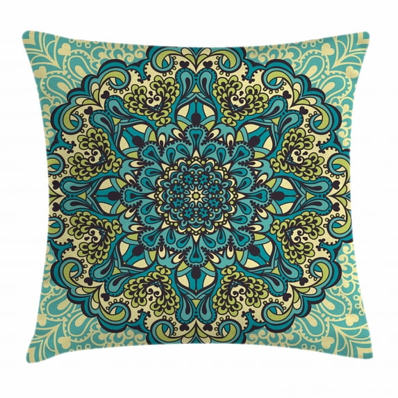 India Throw Pillow Cushion Cover, Abstract Decorative Flower in Mandala Style Nature Elements Vibrant, Decorative Square Accent Pillow Case, 18 X 18 Inches, Turquoise Teal Light Yellow, by Ambesonne