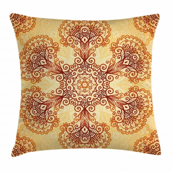 India Throw Pillow Cushion Cover, Ornate Vintage Circular Motif in Mehndi Style Henna Tattoo Mandala Inspired, Decorative Square Accent Pillow Case, 16 X 16 Inches, Dark Orange Apricot, by Ambesonne