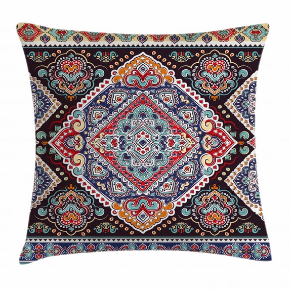 India Throw Pillow Cushion Cover, Vibrant Vintage Framework Bohemian Curvy Ornate Borders Symmetric Cultural Colorful, Decorative Square Accent Pillow Case, 16 X 16 Inches, Multicolor, by Ambesonne