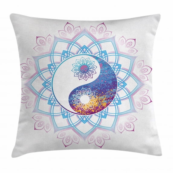 India Throw Pillow Cushion Cover, Yin Yang Symbol Mandala Hippie Asian Design with Floral Swirl Frame Image, Decorative Square Accent Pillow Case, 16 X 16 Inches, Purple and Light Blue, by Ambesonne