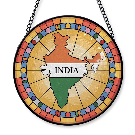 India Travel Decor Suncatcher Stained Glass Window Hanging, Gift for Traveller, Collection of Country Travel Souvenirs for Family and Friends, India Map and Flag Décor