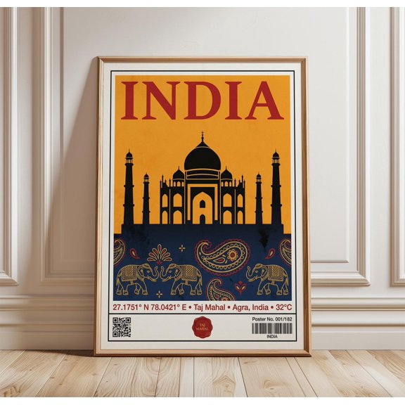 India Travel Poster Taj Mahal Wall Art Print Cultural Illustration Elephant Pattern Design