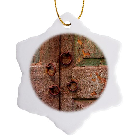 3drose, India, West Bengal, Kolkata. Door with Ornamental Rings., 3 inch Snowflake Porcelain Ornament