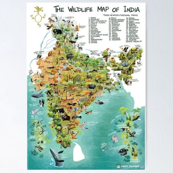 India Wildlife Map Educational Poster Home Decor Office Wall Art
