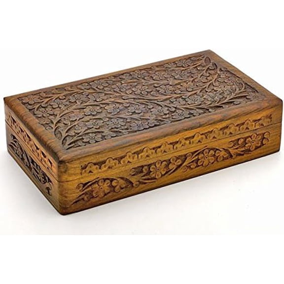IndiaArts Wooden Box 6x10x2.5 inch, Hand Carved Flowers & Vines Design$$Home Decor, Kitchen, & Other