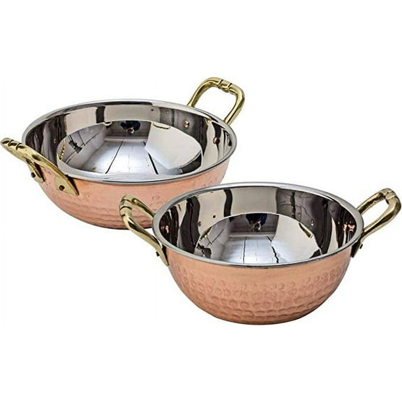 IndiaBigShop Set of 2 Hammered Copper Serving Bowl - Kadai for Kitchen Tools Daily for Cooking Accessories for Home/Motel Outside Or Multi Purpose Use