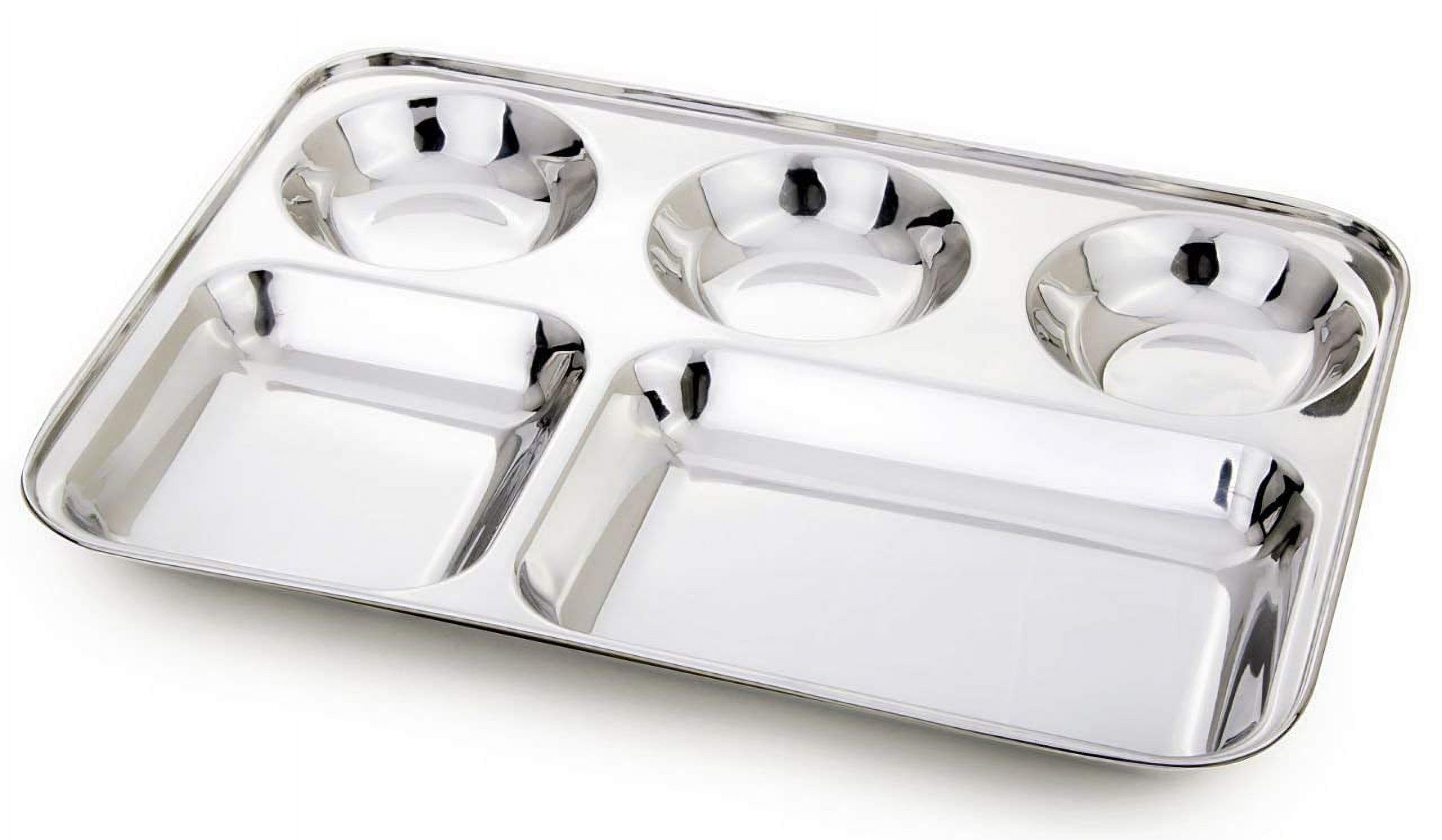 IndiaBigShop Stainless Steel Five Compartment Rectangle Plates, Thali, Mess Tray, Dinner Plate Set of 12 pcs