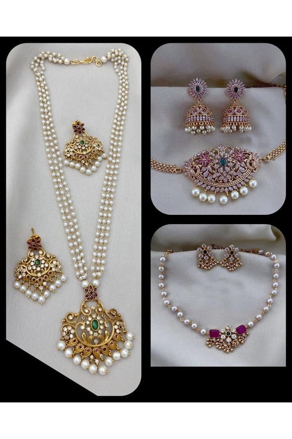 Indian 22k Gold Plated Necklace Jhumka Earring Choker Fashion Long Jewelry Set of 3 Combo