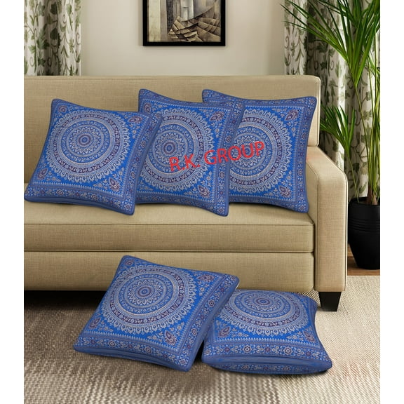 Indian 5 PC Bohemian Brocade Decorative Throw Pillow Covers Couch Shams 20x20 Traditional Jacquard Sofa Bedroom Cushion Covers Polydupion Silk Mandala Square Pillowcases(Blue 20X20 inches)