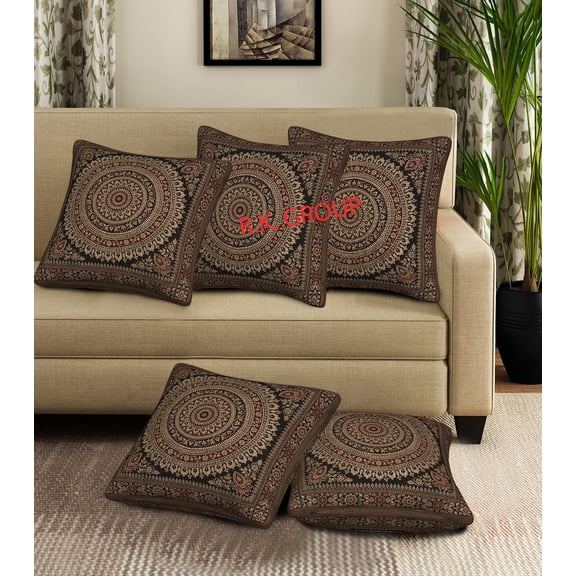 Indian 5 PC Bohemian Brocade Decorative Throw Pillow Covers Couch Shams 20x20 Traditional Jacquard Sofa Bedroom Cushion Covers Polydupion Silk Mandala Square Pillowcases(Black 20X20 inches)