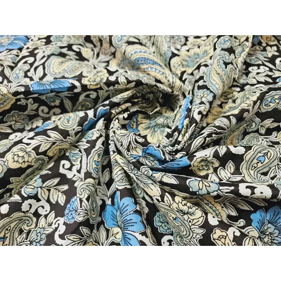 Indian 5 Yard Hand Block Floral Print 100% Cotton Dressmaking Craft Fabric Blue