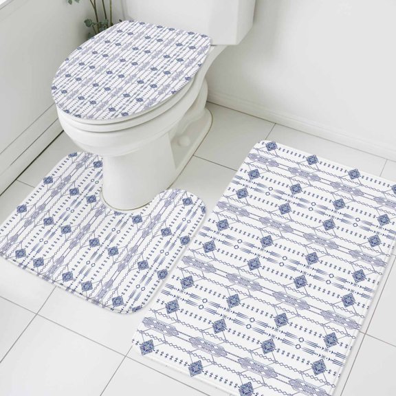Indian Abstract Bathroom Rugs Set Geometric Lines Texture Non Slip Absorbent Soft Bath Mats 3 Piece Set with Bathroom Rug, U-Shaped Floor Mat, Toilet Seat Cover Small Size