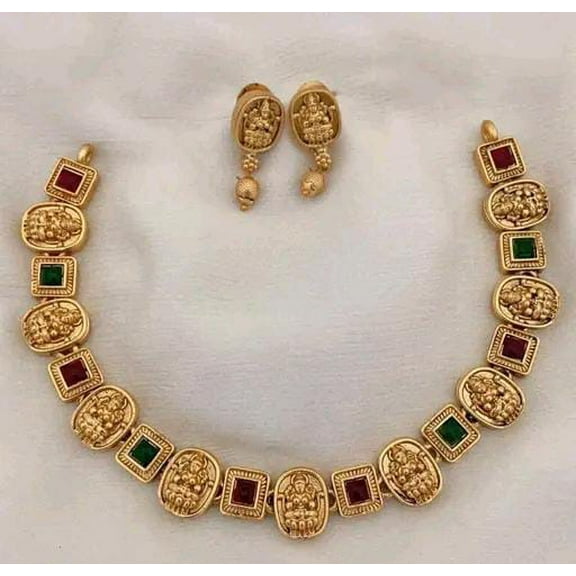 Indian Antique Gold Plated Matte Finish Maa Laxmi Green-Red Stone Temple Necklace Set With Earrings