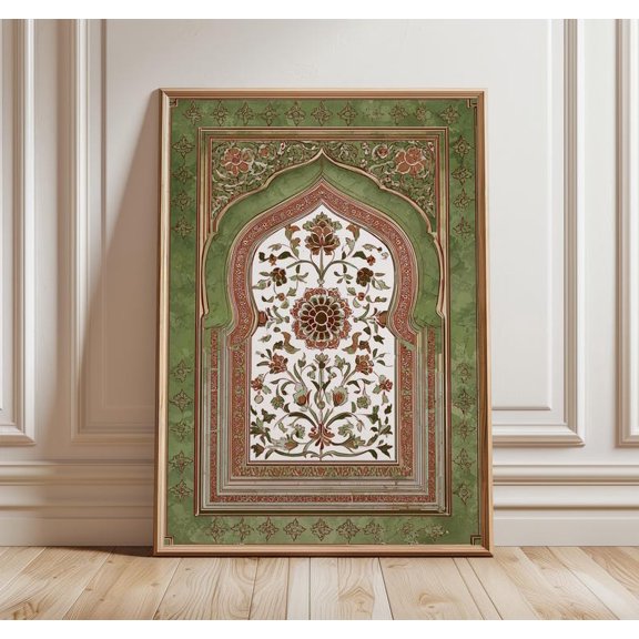 Indian Arch Wall Art Print, Mughal Floral Pattern Poster, Green and White Lotus Mandala Design, Traditional Heritage Architecture Decor 12x18 UNFRAMED