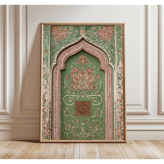 Indian Arch Wall Art Print, Mughal Floral Pattern Poster, Green and Red Lotus Mandala Design, Traditional Heritage Architecture Decor 16x24 UNFRAMED
