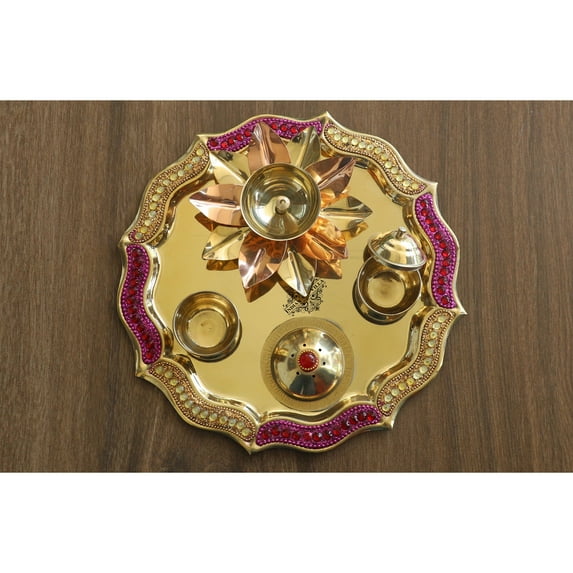 Indian Art Villa 10’’ Brass Designer Pooja Thali - Traditional Worship Plate