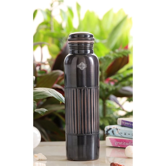 Indian Art Villa 30oz Copper Antique Finish Dark Anti-Tarnish Bottle – Half Lacquer & Half Stripes Design, Dark, Drinkware