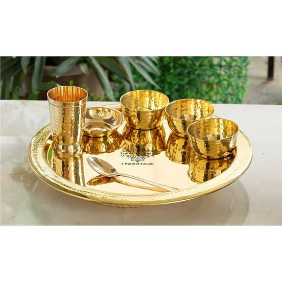 Indian Art Villa Brass 7 Pieces Dinner Set in Hammered Design with 1 Thali, 1 Glass, 1 Spoon, 1 Halva Bowl, and 3 Bowls (Pack of 1 Dinner Set)
