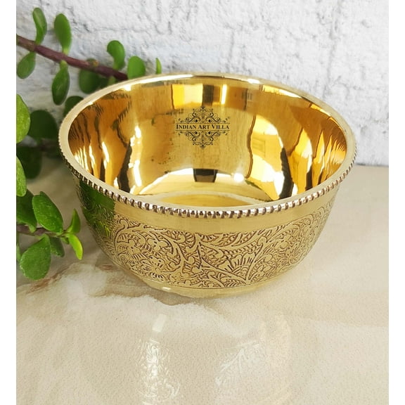 Indian Art Villa Brass Bowl with Embossed & Beaded Design, Flat Bottom, 5 Oz Capacity, Decorative Bowl