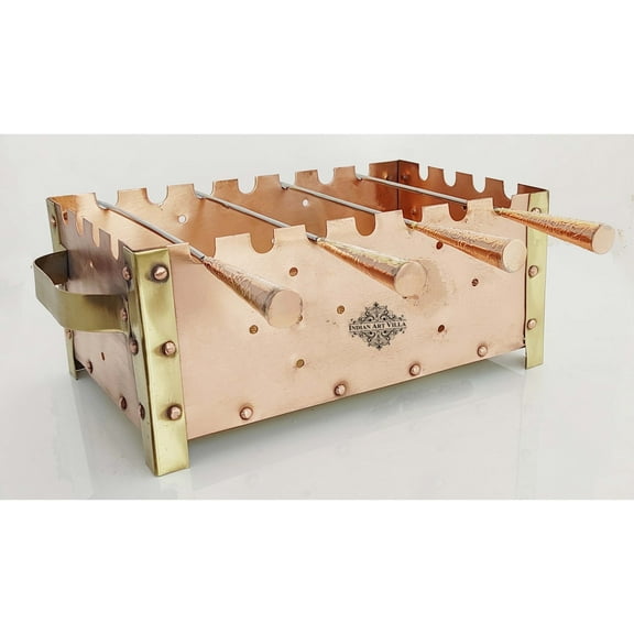 Indian Art Villa Brass Copper BBQ Grill Set - Portable Charcoal Grill Oven with Skewers