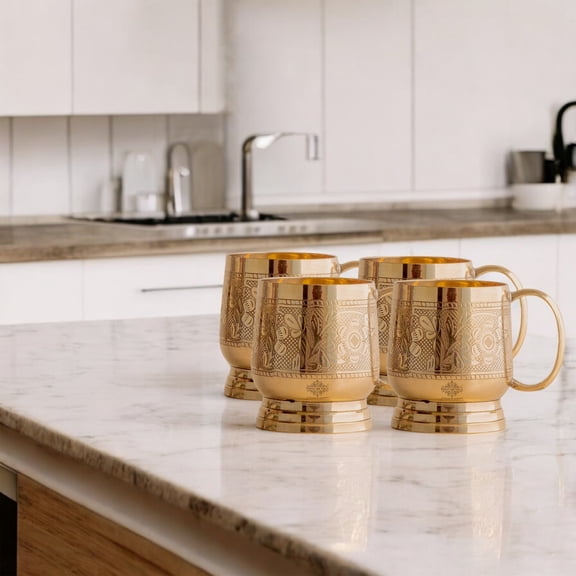 Indian Art Villa Brass Embossed Design Cups with Handles, Drinkware, Gold, 6.7 oz  Set of 4
