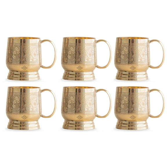 Indian Art Villa Brass Embossed Design Cups with Handles, Drinkware, Gold, 6.7 oz Set of 6